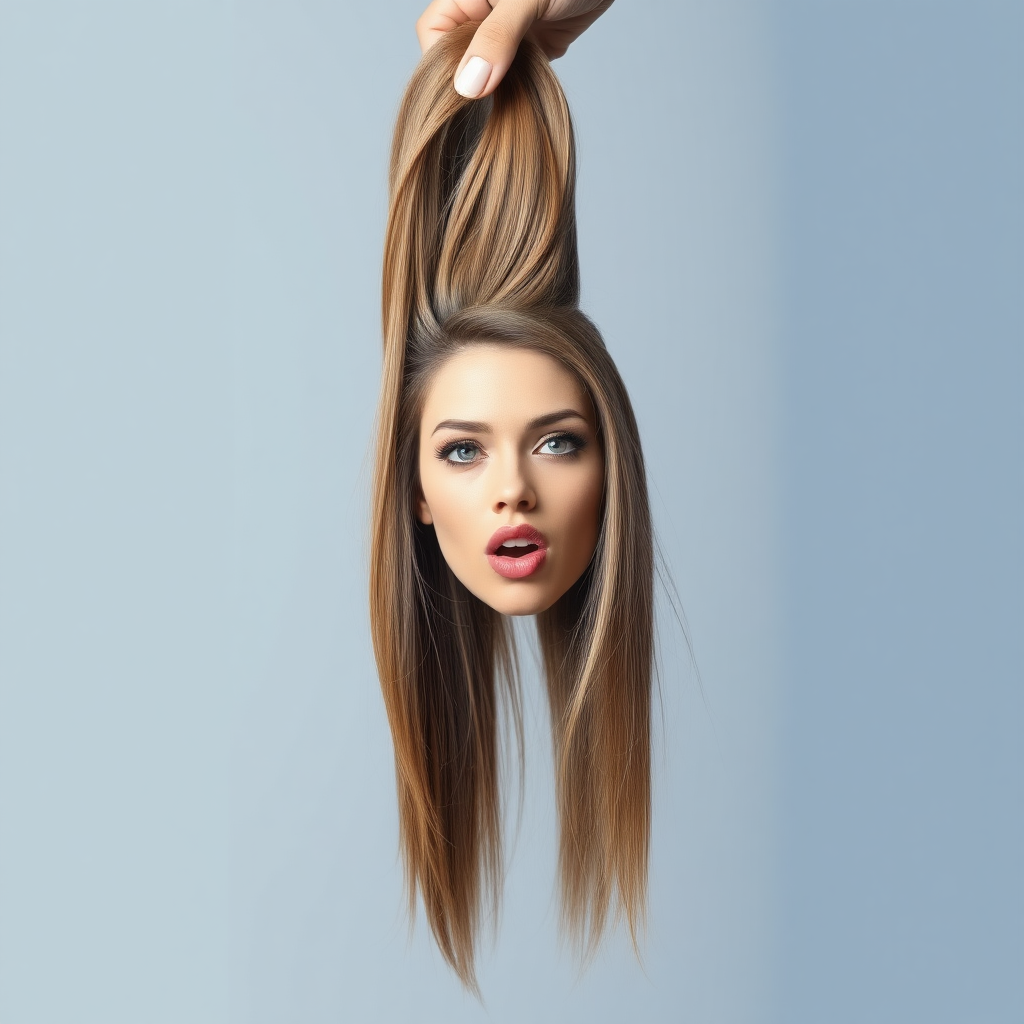 Surreal image of a very long haired woman's beautiful disembodied head hanging by her very long hair. Her very long hair is gathered at the top of her head into a long ponytail that stretches upward into a grasped hand. Plain gray background. She has an aroused expression on her face while biting her lip.