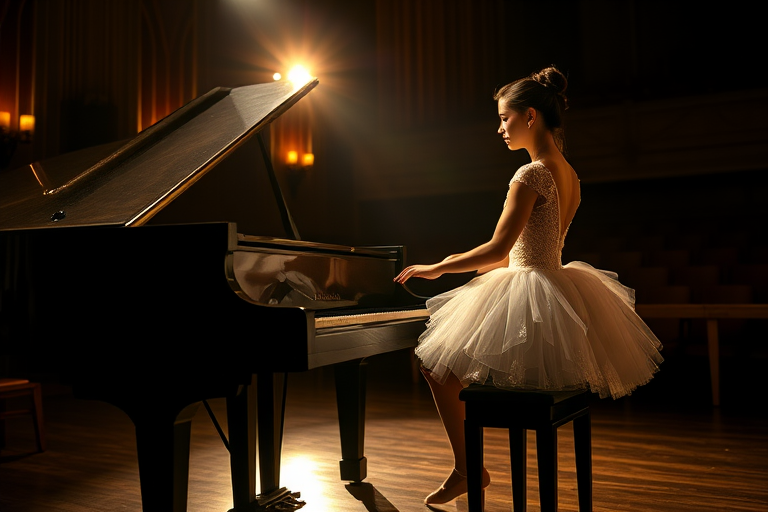 In the dim-lit auditorium of a historic ballet company theater, the air is thick with a sense of nostalgia, the kind that whispers stories of artistry and talent. A ballerina, poised elegantly on a weathered wooden stool, plays a grand piano with a mastery that transforms each note into a haunting melody. Clad in a delicate, ivory vintage tutu adorned with intricate lace and shimmering sequins that catch the soft light, her hands glide over the polished ebony keys, creating a symphony that echoes through the room.

The stage is bathed in a magical, ethereal glow, casting warm, golden highlights that accentuate the ornate details of her costume and the glossy sheen of the piano’s surface. Shadows dance gracefully along the walls, mingling with the muted colors of the velvet curtains that frame the stage. The scent of aged wood mingles with a faint hint of blooming jasmine wafting in from an open window, enhancing the dreamlike quality of the moment.

As she plays, a hushed silence envelops the audience, each note evoking memories and emotions that hang in the air like an invisible tapestry. The ballerina’s expression is serene yet deeply introspective, revealing a connection to the music that transcends the physical realm. Her fingers move with a fluid grace, reminiscent of the graceful pirouettes she performs when dancing, as if her entire being is infused with the rhythm of the piece.

In this intimate setting, the atmosphere pulses with a bittersweet beauty, where the past and present intertwine, inviting all who are present to lose themselves in the enchanting world of dance and melody that unfolds before them.