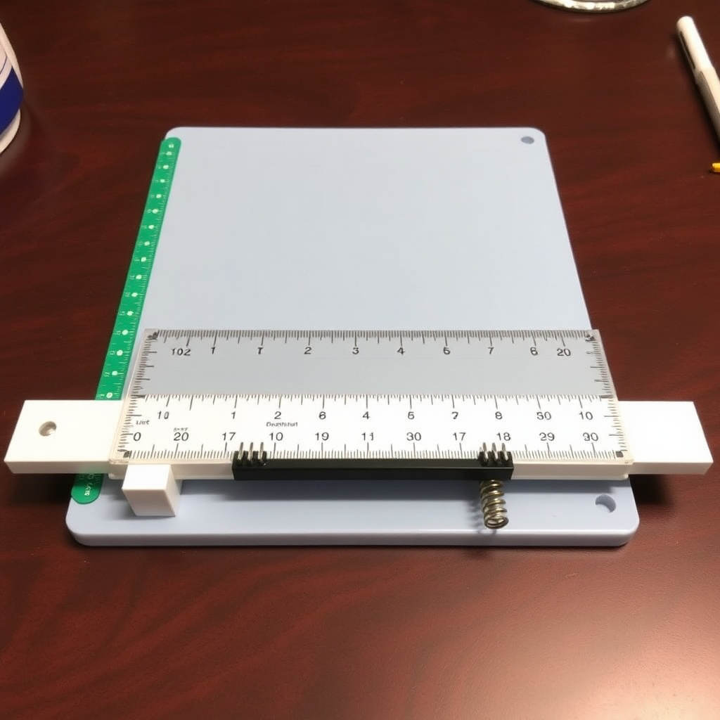 Plastic Board and Cutting Mat: Secure the cutting mat onto the plastic board to create a stable base for cutting tasks.

Ruler with holes for the blade: Fix a ruler with thin holes, through which a blade can pass, on the plastic board (or a tool that acts as a slider).

Side-to-side movement: Use a fastening device to allow the ruler to move side to side, enabling it to be positioned as desired during work.

Up and down movement using springs: Attach springs to allow the ruler to move up and down, enabling the user to lift or lower the ruler as needed. This will facilitate easy movement of the ruler and execution of cutting tasks.