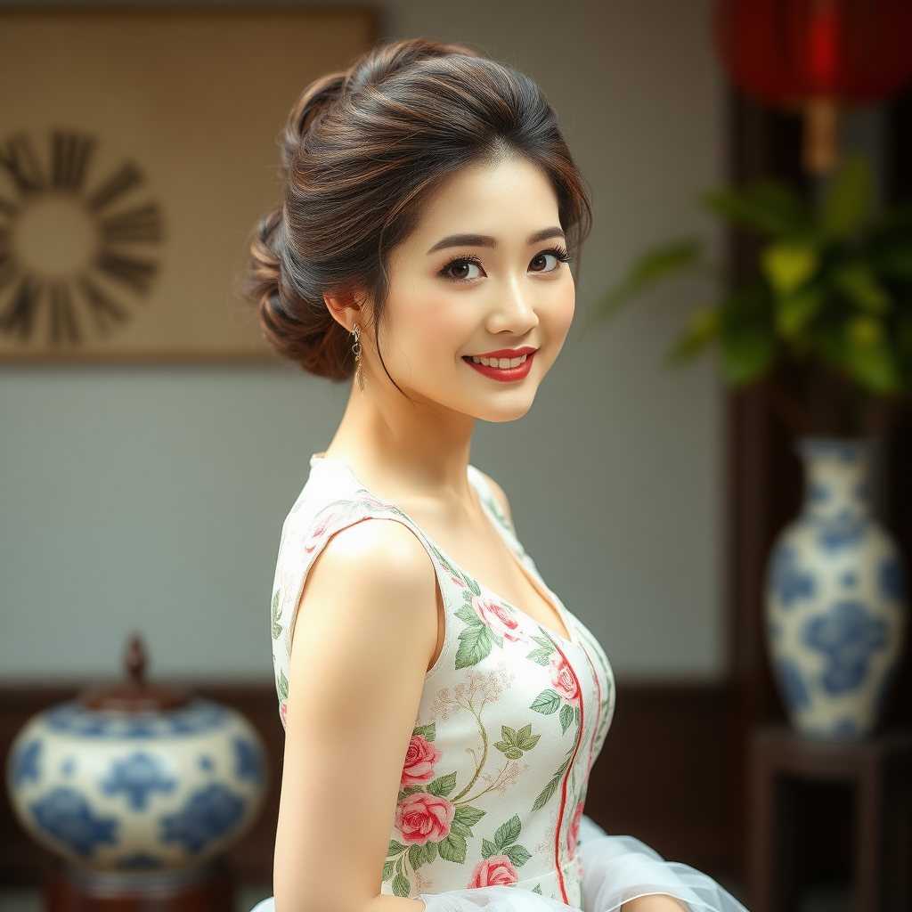 45 year old beautiful Korean woman, dress, updo hair