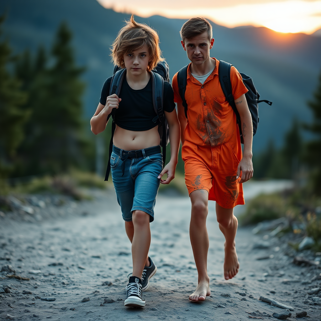 A top model 14yo teen boy, brunette, long layered haircut with a messy hair, wearing a denim tight short shorts, a crop top, Black converse all star shoes, with a hiking backpack on his shoulder, he is helping another 14yo teen boy to walk back to his camp. The second boy is wearing tight short shorts orange inmate outfit, he is dirty, covered with mud, barefoot. They are walking in the mountain, at sunset. Both of the boys are looking at the camera. long legs, bare thighs.