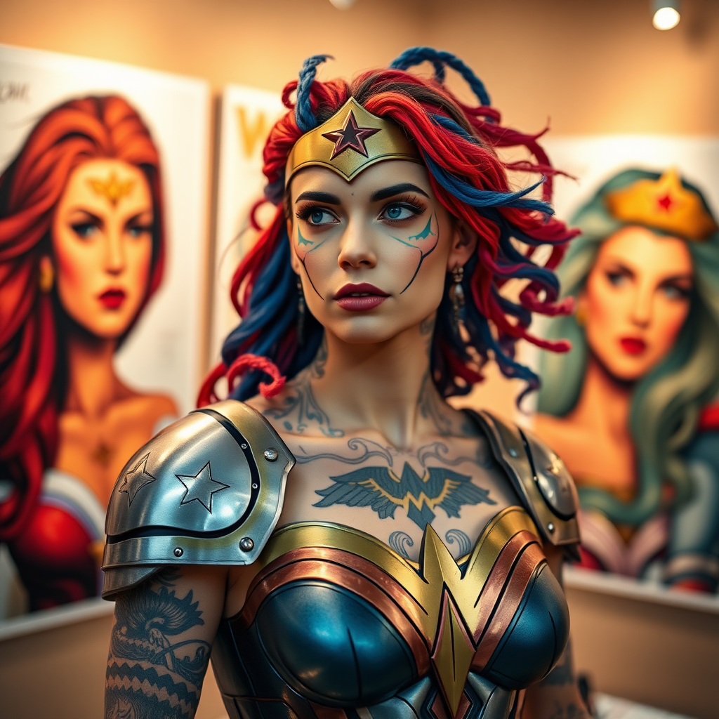 The Spider Spirit in mythology wears the armor of Wonder Woman, Posters of women with colorful hair and facial tattoos, in an art gallery, depth of field, bokeh, f2.8 lens, shot by Sony A7s3, style raw