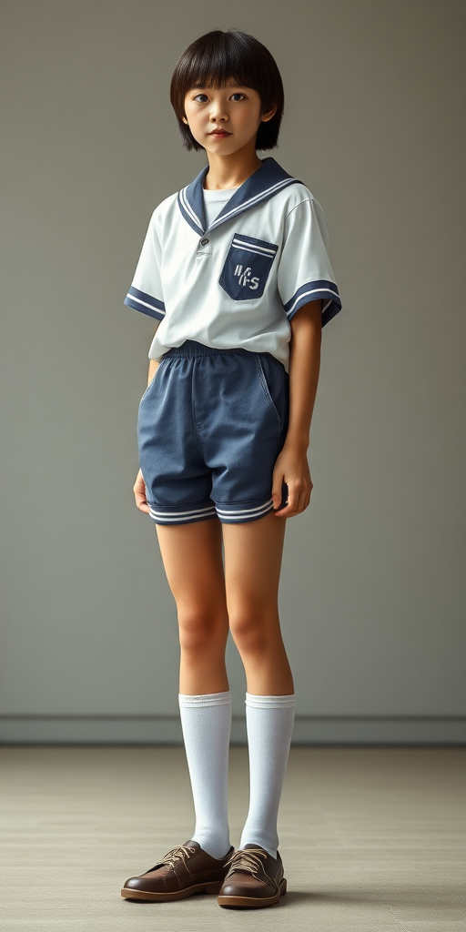 a tall 15yo teen boy, long bob cut, wearing Japanese school uniform with uniform matching very tight booty shorts, tube socks, shoes, long legs, narrow thighs. full-length view. 1980s. 
photorealistic, ultra high resolution, 16K,
Negative: grainy, blurry, bad anatomy, extra limbs, watermark.