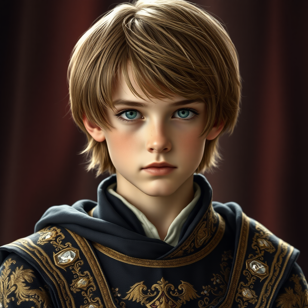 16yo teen boy prince, long bob cut, embroidered with gold and diamonds medieval cloths. photorealistic, ultra high resolution, 16K,