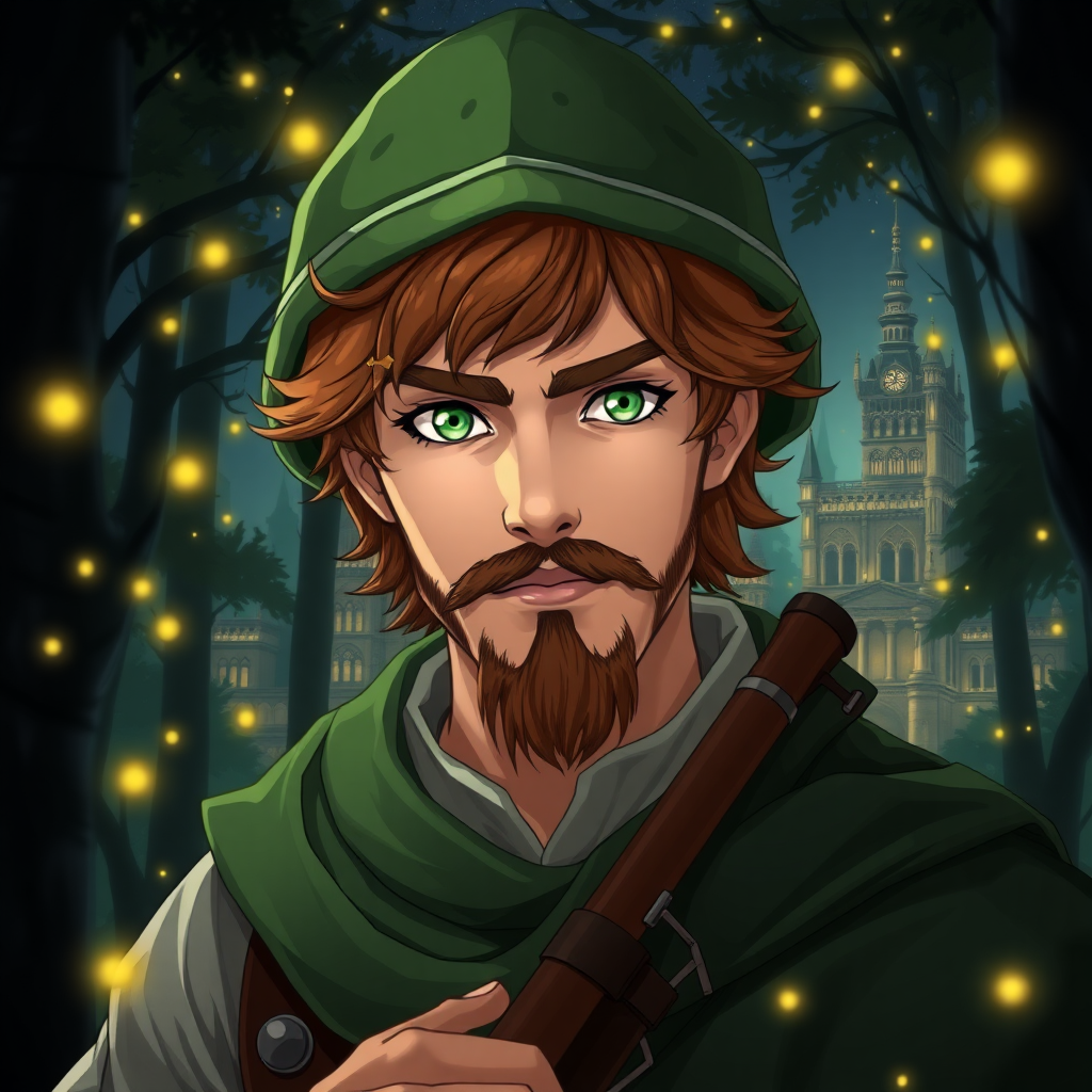 Create a detailed anime-style image of a 25-year-old white man. His eyes are green in color. His hair is slightly wavy and bold in a coppery brown tone, with a Robin Hood-style hat. He has masculine features and his countenance is strong. He wears a moss green and white flutist-style outfit. He has a beard and mustache. It's in the middle of a dark forest, lit by fireflies that glow softly. In the background, a city with fantastic architecture, giving a magical touch to the scene. The image must have an anime style, capturing every detail with precision and 8k quality. Looks like a photograph. Extremely realistic. 25 years old. Beautiful. Beautiful. Extremely realistic. Beautiful appearance.