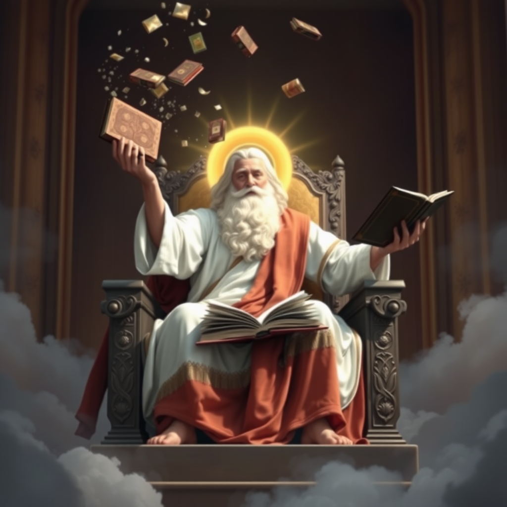 God sitting on his throne throws away an old book into the air, holding a new book in his other hand.