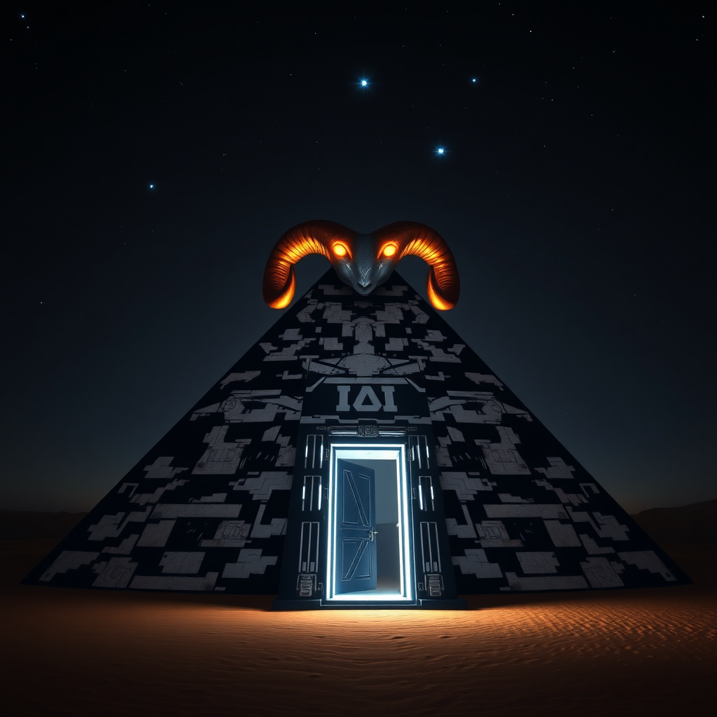 The scene depicts a dark desert at night, illuminated by the seven blue stars of the Pleiades constellation in the sky. Up close near a door stands a colossal technological ziggurat, reminiscent of an ancient temple, characterized by its striking black and white design. The holographic entrance is uniquely shaped to resemble a female vagina opening, while atop the structure rests a golden ram's horn, featuring two fiery eyes that seem to glow with intensity.