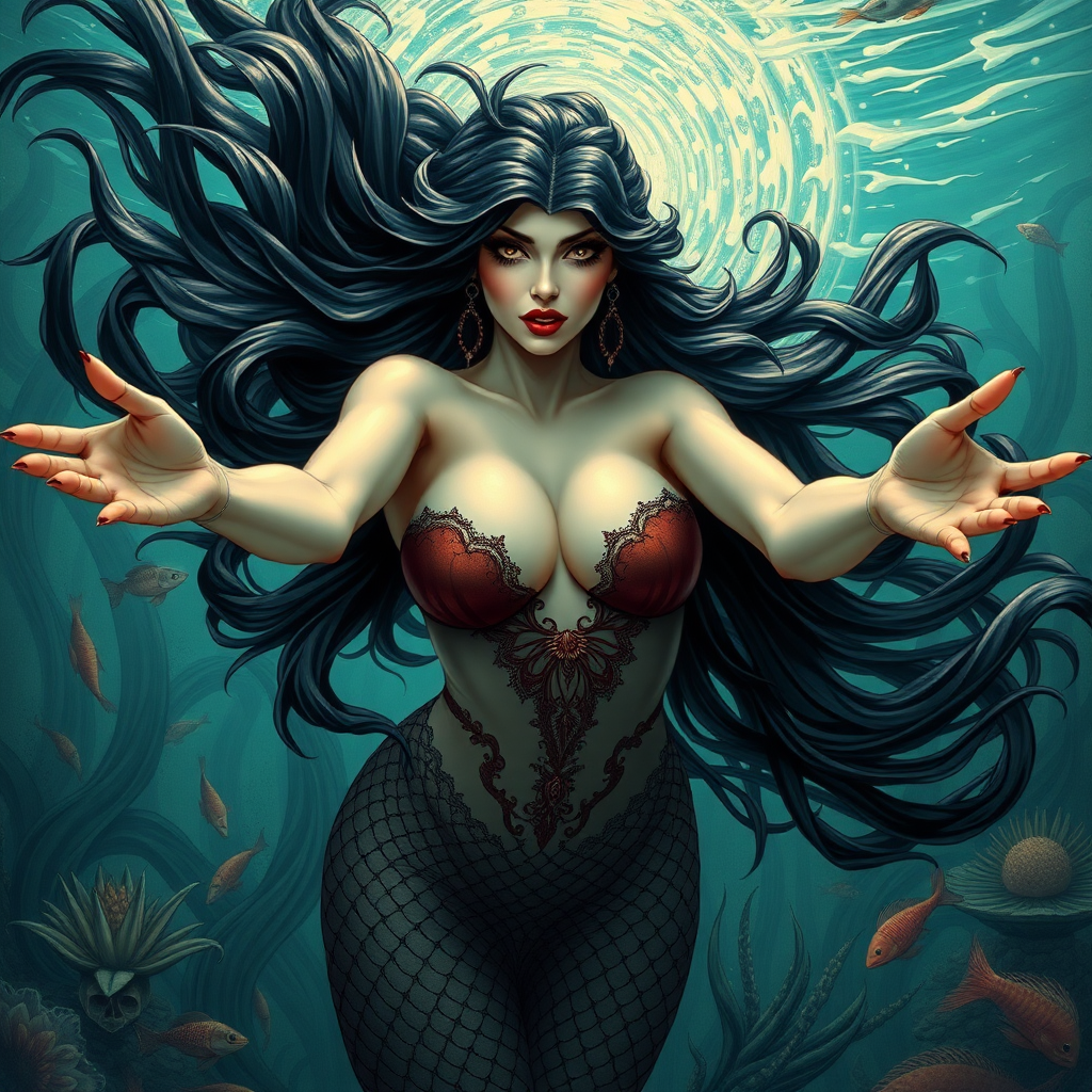 Vampirella as a mermaid underwater amazing loose flowing hair floating in a nimbus around her beautiful face her arms outstretched towards the viewer and she's looking down into the viewer's eyes making intense eye contact. loose fitting diaphanous. Burlesque. Stunning undersea life details plants and fish and other creatures of the sea.