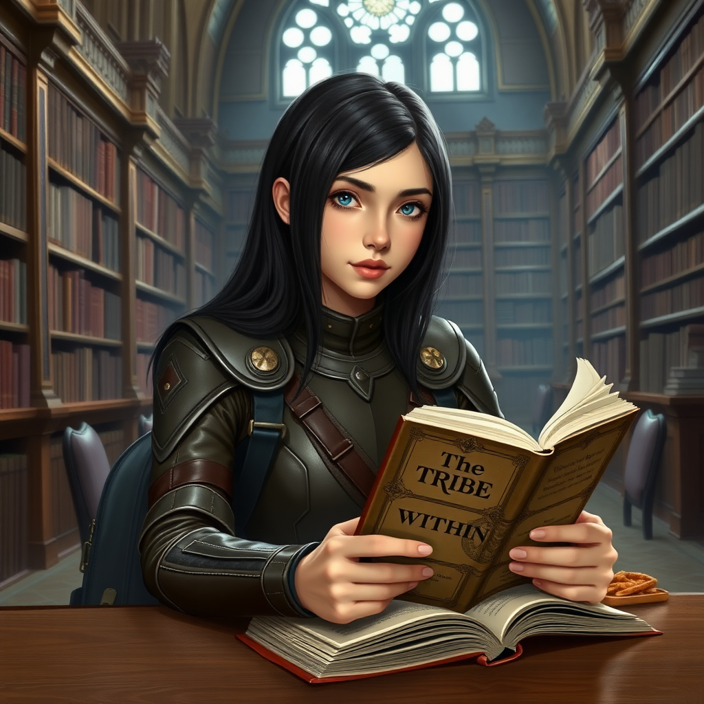 beautiful young woman, dark hair past her shoulders, blue eyes, small, slim figure, wearing full leather armor suit, sitting at table, reading book title: "The Tribe Within", a sandwich and backpack, in a grand old library.