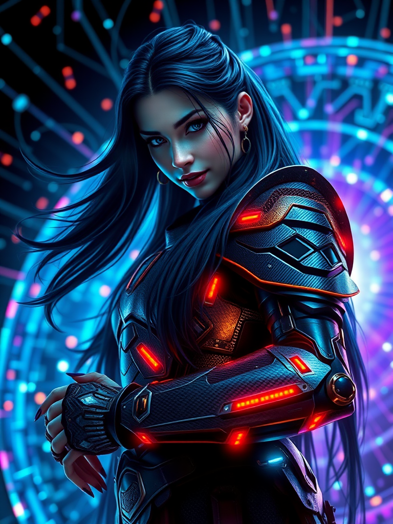 A fierce female warrior with long, flowing black hair, her armor made from carbon fiber etched with glowing rainbow colored circuits, lining strip of RGB led lighting and electronic chip, stands in the heart of a digital nexus. leaning on object, head slightly tilt, looking at viewer smilng, fake nails, nail polish, fingerless gauntlet, Surrounding her is a vortex of luminous circuitry, casting intricate patterns of light on her armor. The scene is rendered with photorealistic detail, the lighting capturing the interplay between the metallic textures and the pulsating rainbow colored energy energy of the digital backdrop. 3d render in unreal engine