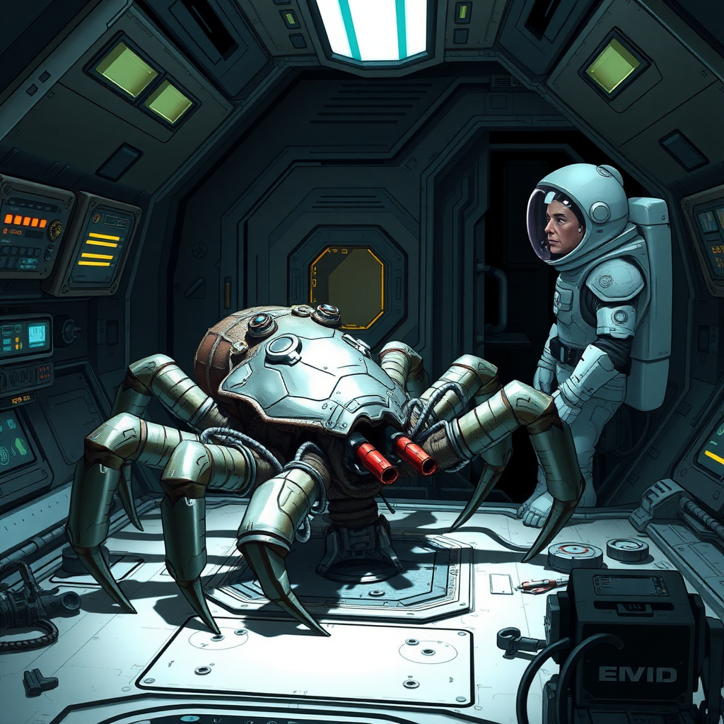 Depict Rocky, an alien from the planet Erid, aboard a high-tech spacecraft, working alongside Ryland Grace. Rocky is a five-legged creature with a crab-like appearance, covered in thick, chitinous armor. His limbs are arranged symmetrically around a central body, and each limb ends in a claw-like appendage, which he uses to manipulate tools with precision. He has multiple eyes, distributed around his head, which give him an almost 360-degree view. His metallic-looking body contrasts with the smooth, sleek surfaces of the human-designed spaceship. In the background, Ryland Grace, a human astronaut in a futuristic space suit, is observing Rocky as they collaborate on repairing or analyzing a piece of alien technology aboard the ship. The environment should feel claustrophobic yet futuristic, with glowing control panels, tools, and wires scattered around the scene. Rocky’s presence, though alien, conveys a sense of cooperation and intelligence, with both characters focused on their shared task.