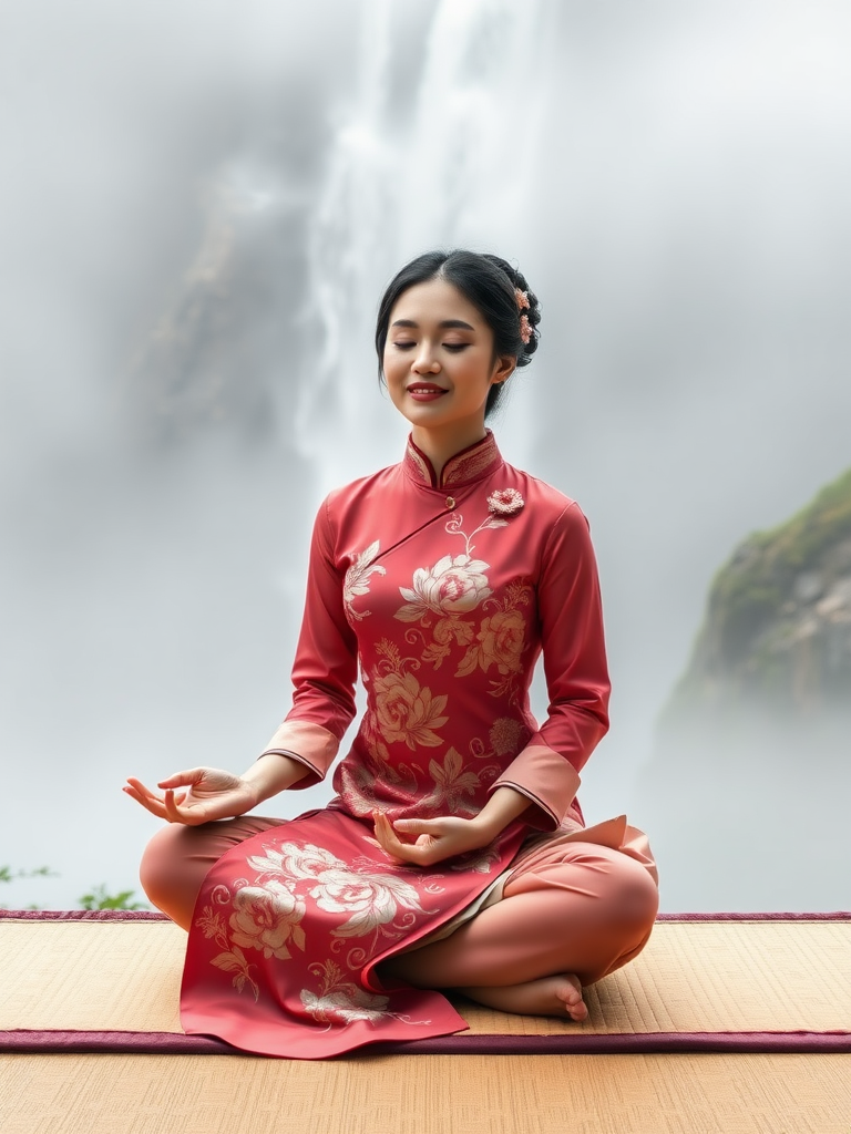 An Asian beauty wearing a retro cheongsam sitting on a futon, meditating in the mist, with a white background of a mountain waterfall.