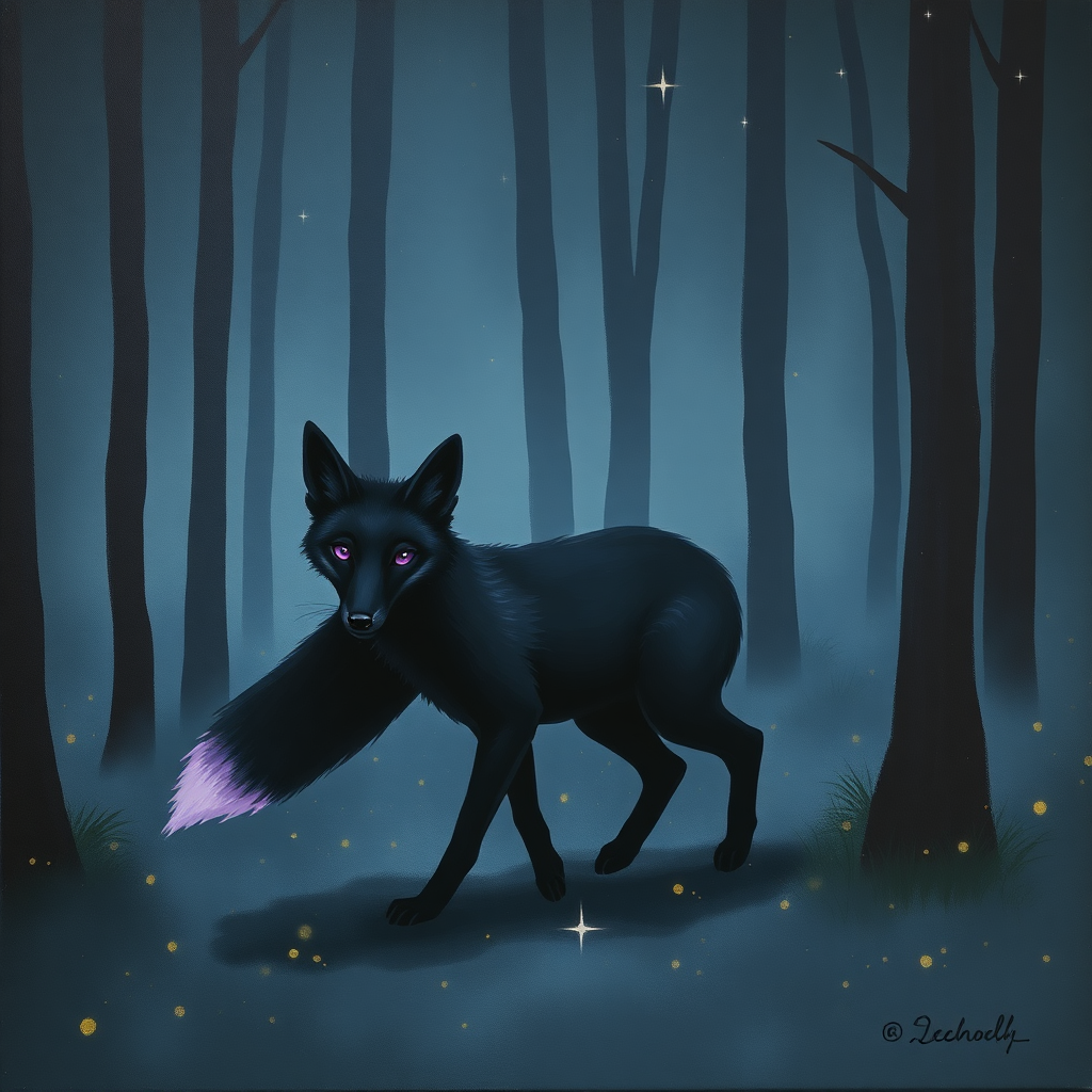 A minimalistic oil painting of a black fox with deep purple eyes and tail tip, the fox is walking through a misty dark forest at night with fireflies, stars, trees, fog, and more.