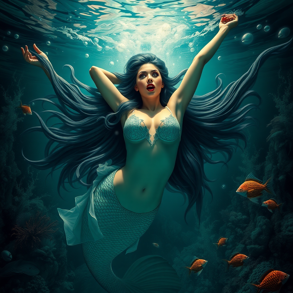 Vampirella as a mermaid underwater amazing loose flowing hair floating in a nimbus around her beautiful face her arms outstretched languidly over her head. she's looking down into the viewer's eyes making intense eye contact. loose fitting diaphanous. Burlesque. Stunning undersea life details plants and fish and other creatures of the sea. Powerful three dimensional graphic effects. Depth of frame photographic techniques.