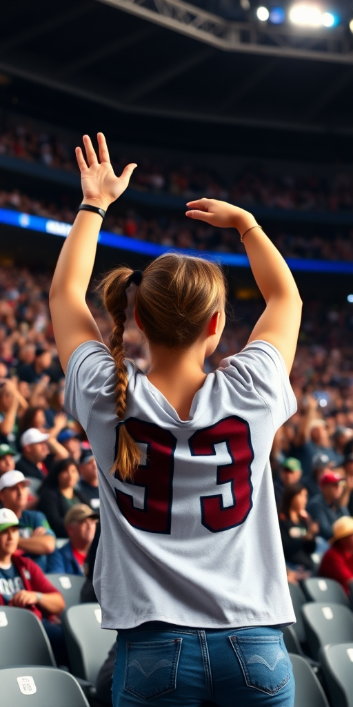 Attractive female NFL fan, pigtail hair, arms raised, cheer, jumping in the bleachers, crowded, NFL stadium