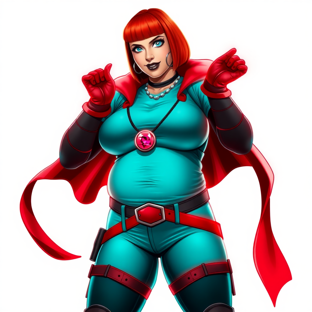 A 26-year-old, full-figured, mystical vigilante detective becomes the heavily pampered mystical ally of her cyberpunk vigilante older brother figure. She has a bright red bob cut, black lipstick, and piercing bright blue eyes. She has a new non-athletic build, now highlighted by a prominent, round, gargantuan midsection (fully focused on her gargantuan belly), which shows the aftermath of her new pampered lifestyle. Despite her pampered physique, she shows full confidence. She wears a biker suit consisting of an enormous, magical, tight-fitting, maximum turquoise t-shirt (accentuating and emphasizing her gargantuan belly), maximum turquoise biker pants, complemented by a glowing neon red cape, a mystical ruby amulet (which is the source of her mystical powers), and magical red gloves glowing neon red. Her stance is firm and resolute, arms crossed, exuding a no-nonsense attitude. Her costume reflects the influence of DC New 52 Prime Earth’s Phantom Lady, Jennifer Knight, while her pose embodies the moral ambiguity and determination reminiscent of DC’s Pax Americana’s The Question. She is on a solid white background. She is drawn as if she was in a retro 2D cyberpunk fighting game. She is clearly non-athletic, with a focus on her full-figured physique. Make sure that her t-shirt covers all of her bare skin (especially her gargantuan midsection).