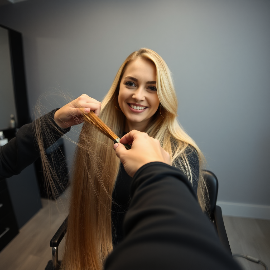 POV, beautiful very long haired blonde woman sitting in a hair salon smiling at the camera while I reach out from behind the camera to trim her very long hair. Plain gray background.