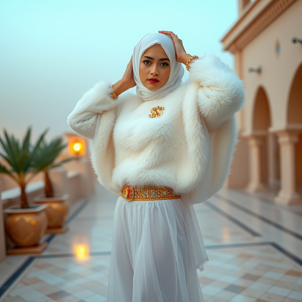 Kuwait desert palace harem patio misty dawn: Melissa, European 17 years old very convincing femboy “trophy-bimbo”, tamed servile docile, very beautiful feminine flawless face, rather short, by hormones very curvaceous womanly figured, heavily made-up eyes, wearing Supertanya-style fluffy very fuzzy bright white angora turtleneck-poncho cropped ending under bust decorated with pearls and gemstones, striking oriental wide gold bridal protection belt, white fully transparent harem pants, full Oriental bridal jewelry, face covered by white sheer full Burka, coin anklets, striking diamond “$$$” letter brooch on left chest, pout frustrated, seductively dancing for the sheik, hands high over her head, looking at camera. Full side view.