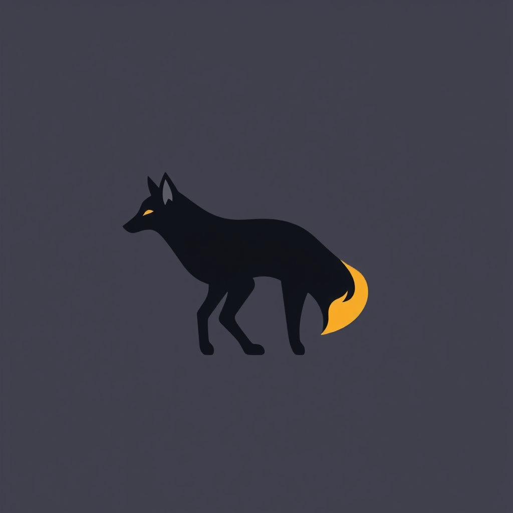 A minimalistic logo of a black fox with a flame for a tail