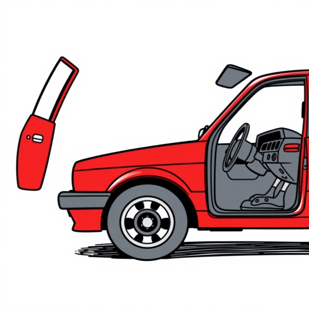 red vw polo II car, driver's door wide open, long establishing shot, 2D, caricature, cartoon, Sketch lines, coloring book, coloring book style on white background, well composed, clean coloring book page, No dither, no gradient, strong outline, No fill, No solids, vector illustration, realistic proportions, blueprint, left side view