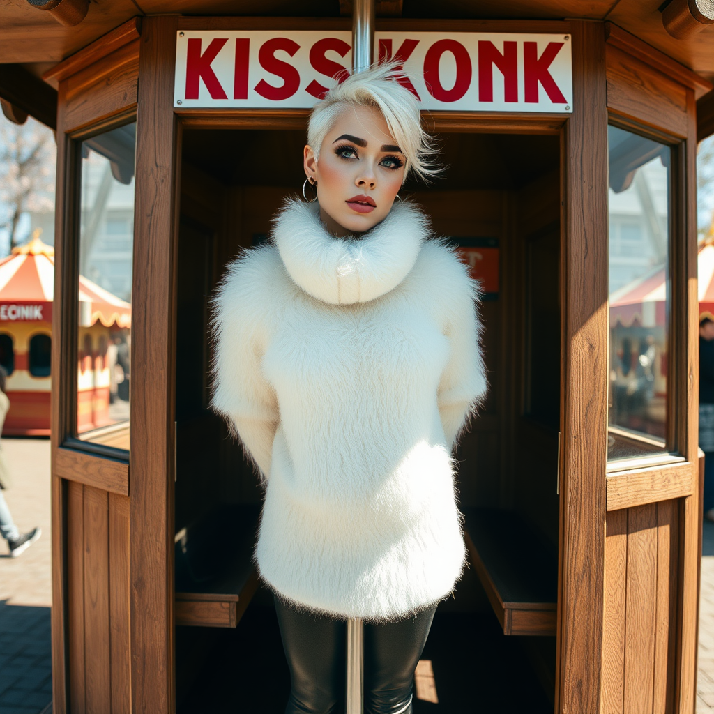 Amusement park wooden “kissing booth”, sunny spring Sunday morning. Sam, 19 years old beautiful involuntary femboy, rebellious intractable character, petite boyish figure, platinum blond boyish rebel punk hairstyle, flawless heavily made-up face with sharp arched tattooed eyebrows, wearing Supertanya-style fluffy very fuzzy bright white angora thigh-length turtleneck-poncho fully covering body and arms, silver-glitter leggings, black leather high-heeled pumps, silver earrings, both hands tied to pole behind back, standing inside kissing booth, waiting for next customer to kiss. Focus on Sam’s face and turtleneck-poncho.