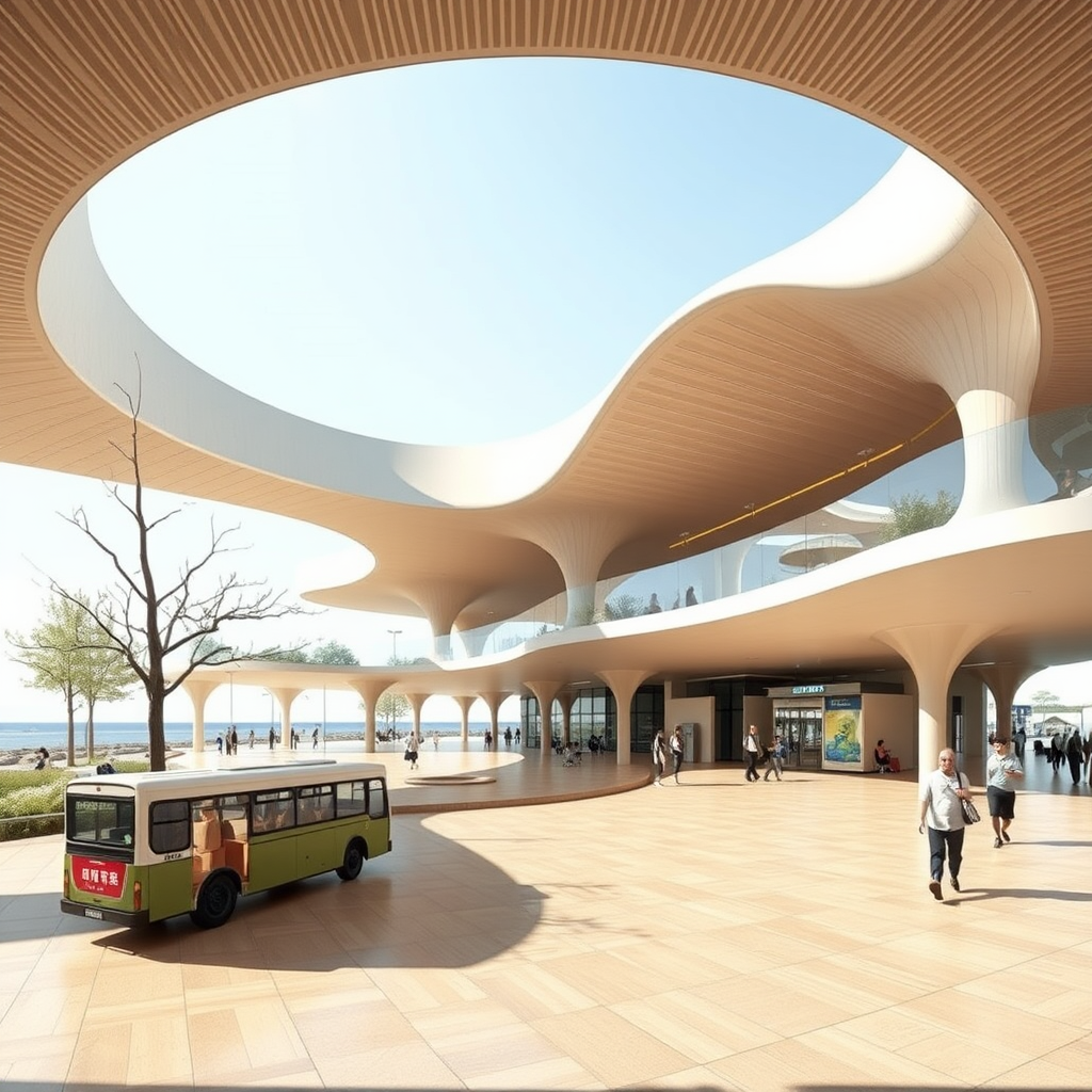 Concept design of a bus terminal inspired by Sendai Mediatheque  
Architect: Toyo Ito with stilt floor and staggered flooring with 2 storey structure bus terminal should be open, fluid, public space with commercial space the bus terminal has beach on the west side. architecture structural form.