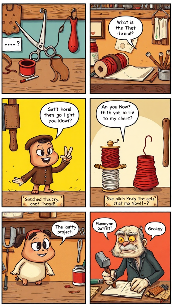 a whimsical 6-panel comic strip featuring anthropomorphized leathercraft tools and materials that come to life in a vibrant leather workshop. The main characters include a sassy pair of scissors, a witty roll of leather, a flamboyant spool of thread, and a grumpy hammer. Each panel unfolds a comedic mishap as they navigate their day, from accidentally stitching themselves into a quirky outfit to a dramatic showdown over who gets to pick the next project. The art style is a blend of playful cartoon aesthetics with rich, textured illustrations reminiscent of vintage craft manuals, infused with bright colors and exaggerated expressions.