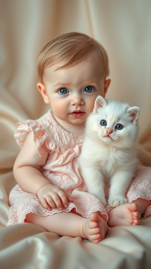 A beautifully detailed portrait of a baby and a fluffy white kitten sitting together. The baby has big blue eyes and wears a soft, vintage lace dress in a delicate pastel pink color. The kitten also has blue eyes, matching the baby, and its fur is soft and fluffy. They are sitting on a silky, elegant fabric with a soft, dreamy lighting that creates a warm and calm atmosphere. The image is realistic, capturing the innocence and cuteness of both the baby and the kitten, with a classic, old-fashioned photography style.