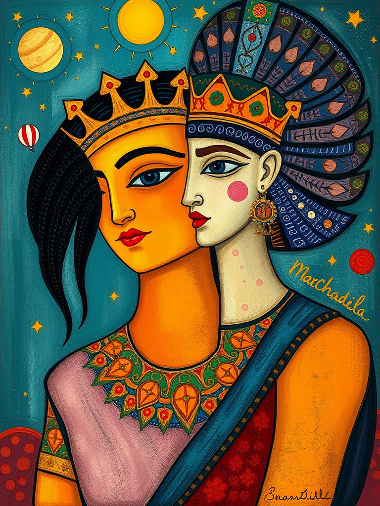 Create the following picture Prompt: An image in the style of Marc Chagall and Egyptian style.