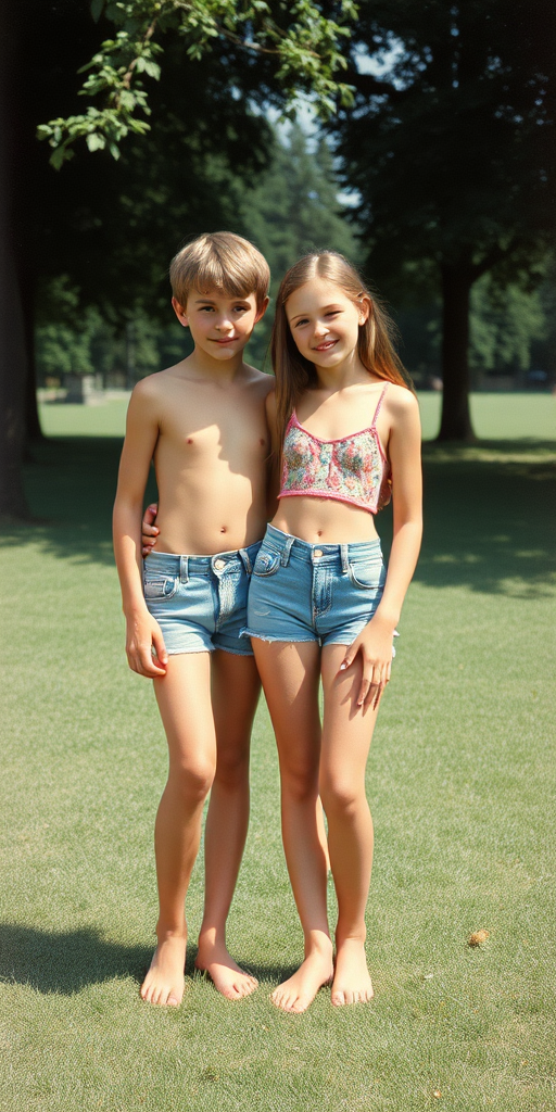 A vintage photo, 1980s. A skinny 14yo teen boy and girl. Germany. Long legs, bare thighs. Hot summer. Full length view.