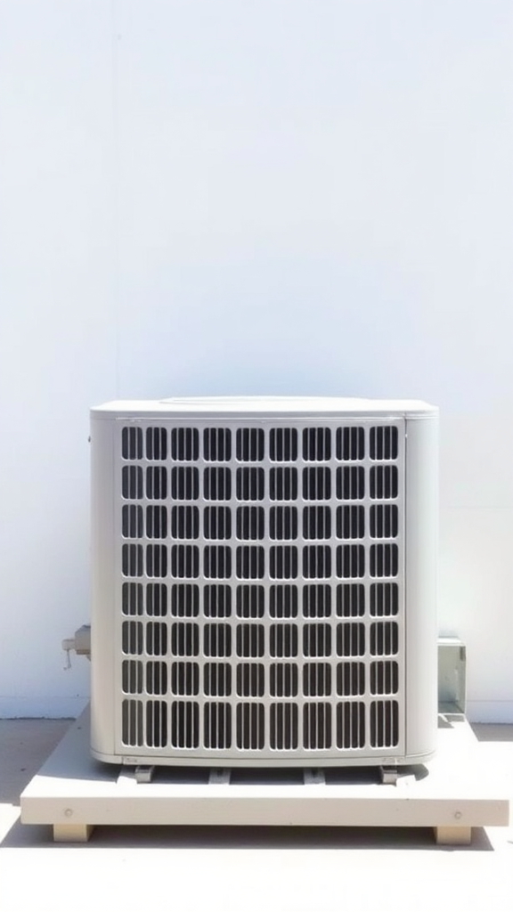 A simple, high-resolution, realistic photo of a standard residential outdoor air conditioning unit or condenser. The unit should be placed on a flat surface. The unit should be a neutral color. Plain, uncluttered background. No text.