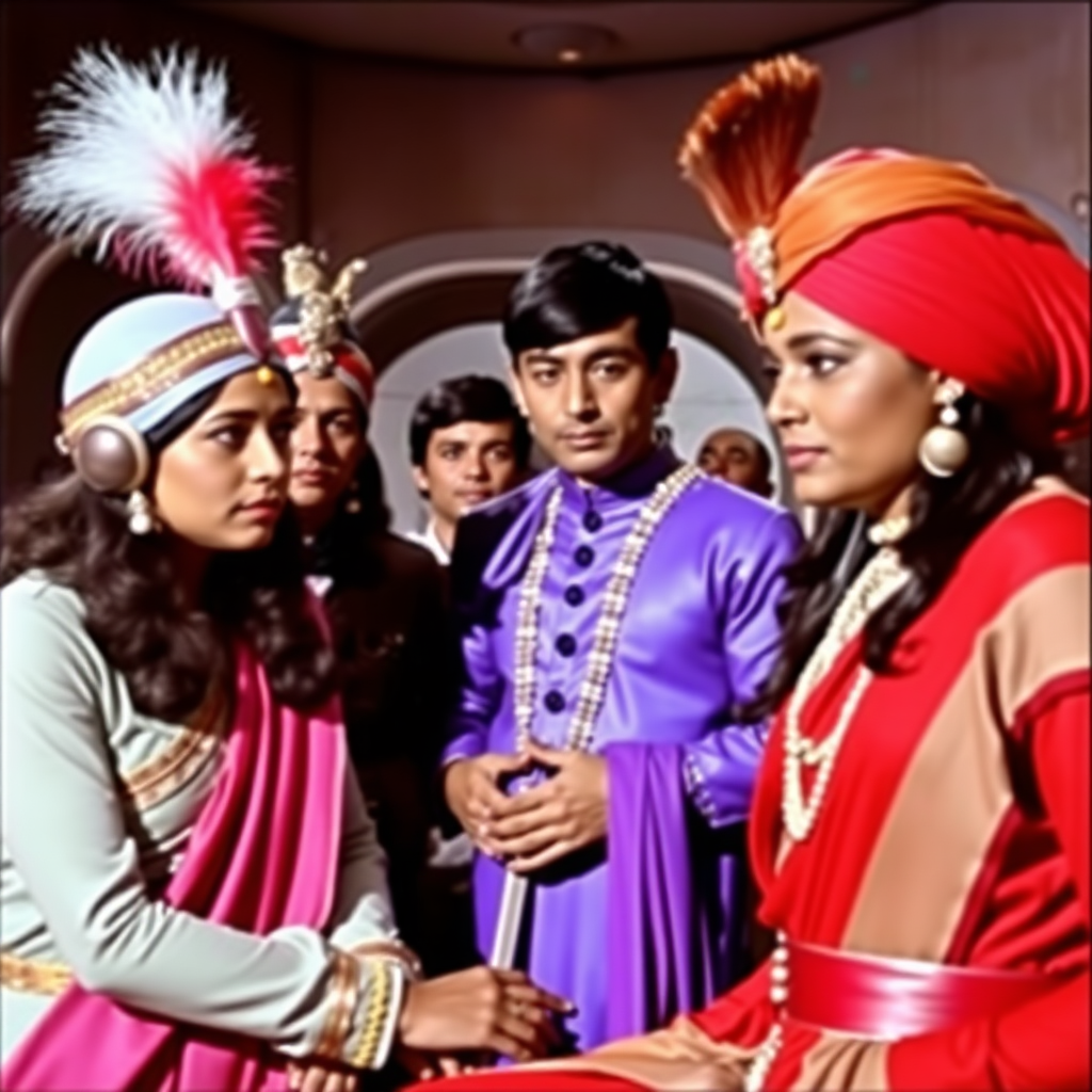 A still from an episode of a sci-fi television series from the sixties. Everyone is Indian.