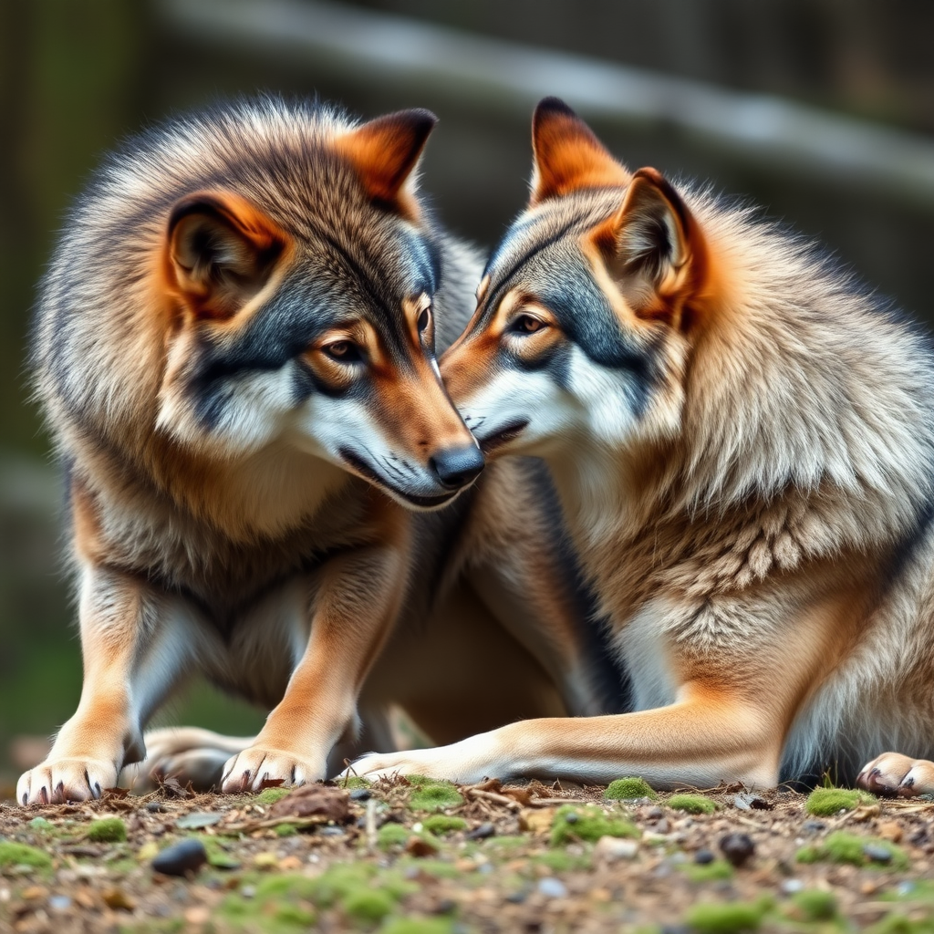 Two wolves mating, close up shot, photo