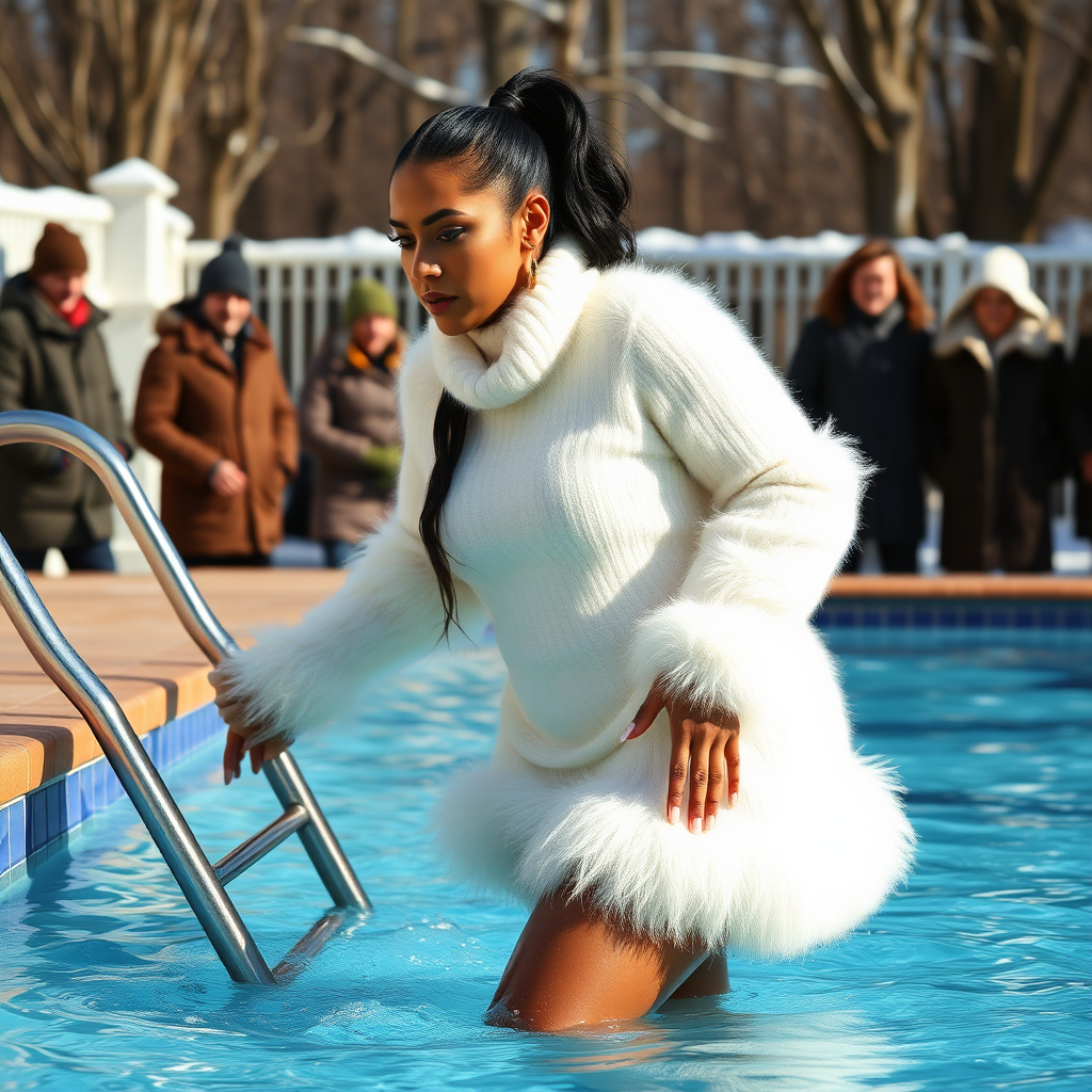 Sunny winter day, Boston College “white boys” fraternity garden party, rookie prank: Ava: 21 years mulatto supermodel actress in style of Lana Kane, curvy womanly figured, black slicked ponytail Hollywood blue movie hairstyle, flawless heavily made-up face, sharp arched tattooed eyebrows, long French nails, feminine very fluffy very fuzzy bright white angora tight figure-hugging sweaterdress with oversized turtleneck and tight thick hemline, gold earrings, surprised saying “oooohhhh!”, climbing ladder out of swimming pool, clothes totally soaked by pool water. Rude Fraternity boys, wearing warm winter clothes, standing around pool laughing.