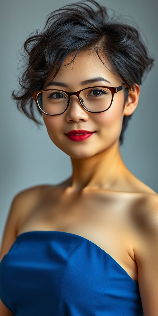 High-definition picture quality, a Chinese woman, short hair, curly hair, wearing glasses, small breasts, full thighs, full hips, blue dress, black hair, full body shot.