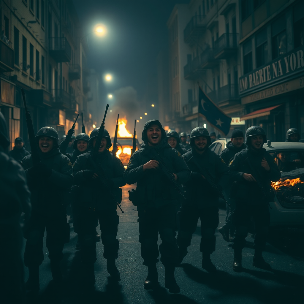 A group of soldiers, cheering, with rifles in a dark city street lit by nearby burning wrecks of vehicles