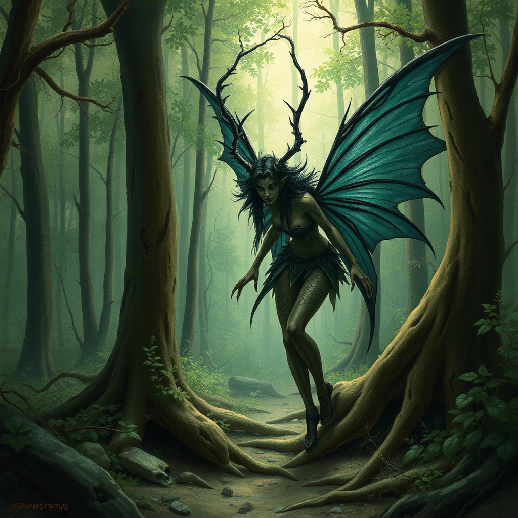 A classic forest scene with an attractive and terrifying dark fairy. The scene is lush with the art styling of Brian Stroud.