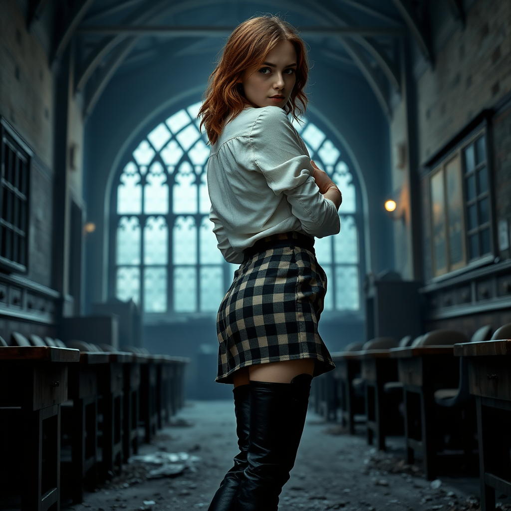 emma watson as hermione granger, midnight, 18 year old, tousled hair, seductive, very white skin, natural makeup, overknee boots made from leather, lifting short checkered miniskirt, volumptous butt, ripped white linen shirt, necktie, flat chest, looking cravingly at viewer over shoulder, full body shot, seductive, teasing, dark and moody, skin details, skin imperfections, dirty and abandoned hogwarts classroom in background, pale moonlight, photorealistic, ultra high resolution, 16K, viewed from side, suggestive pose