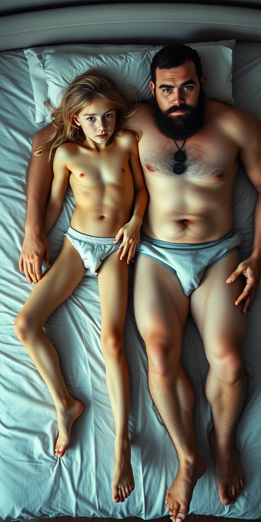 A skinny 14-year-old teen boy, long hair, long legs, bare thighs, spreading legs. With a giant strong muscular slightly bearded adult man. On a bed. View from above. Vintage photo.