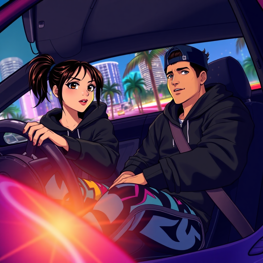 A high-quality anime art scene depicts a 19-year-old Latina woman named Lucia, a tough, street-smart woman inside a car moving through the vibrant streets of Miami in her car at the driver's seat. She wears a black hoodie and tight, colorful pants, giving her a bold, rebellious look. Beside her sits a handsome Latino guy with a sideways cap swagger, his laid-back attitude matching the urban energy of the city around them. The neon-lit skyline and palm trees flash by as they drive through the night.