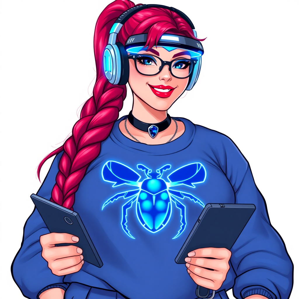 A cyberpunk vigilante’s full-figured intelligent and tech-savvy 29-year-old girlfriend, who is a computer hacker and tech genius. She has a long ruby red ponytail and bright blue eyes. She wears a sapphire beetle gemstone necklace, an oversized Maximum Blue (RGB 71, 171, 204) t-shirt featuring a giant neon blue chest icon of a winged beetle, and matching Maximum Blue sweatpants. She has a full-figured physique with an enormous, well-rounded midsection, reflecting her well-cared-for lifestyle. She sports a sapphire headset with a hi-tech Maximum Blue (RGB 71, 171, 204) lensed HUD visor, Maximum Blue (RGB 71, 171, 204) lipstick, black eyeglasses, and a beaming smile with a passionate bright red blush. Despite her figure and a lack of self-esteem, she radiates an air of beauty. She has an angular face which contributes to her radiant beauty. She serves as his tech expert from his hideout, holding a holographic tablet and a hi-tech tool wrench. The background is solid white. She is drawn as if she was in a retro 2D cyberpunk fighting game. Make sure her outfit covers all her bare skin (even her midsection).