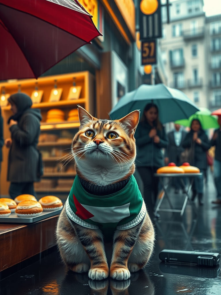 Create a realistic 4K image of a cat wearing a shirt featuring the Palestinian flag, sitting in front of a bakery during a heavy rain. The cat has tears in its eyes, looking longingly at the delicious pastries displayed in the shop window. Surrounding the cat are various people with umbrellas, some glancing down at the cat with expressions of sympathy. The scene should capture the contrast between the rainy weather and the warmth of the bakery, evoking a sense of longing and desire for the treats. Include details like raindrops on the ground and reflections in the shop window.