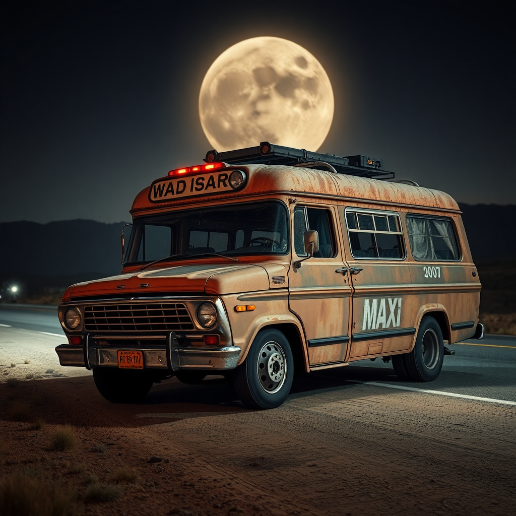 ford falcon mad max apokiptik night dust rusty the bus is parked on the side of the road, inspired by Taiyō Matsumoto, tumblr, restomod, nd4, c4