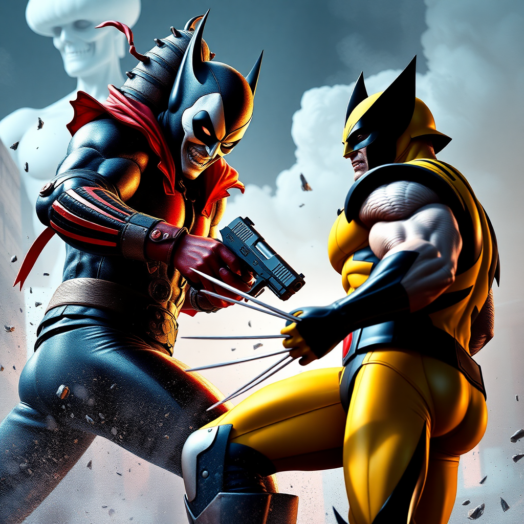 On a comic book cover is Spawn holding a gun Vs Wolverine in Cinematic Real3d photo-realistic quality.