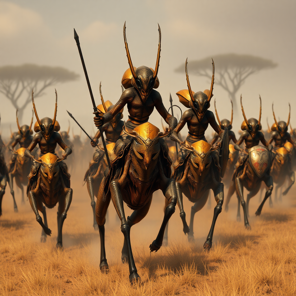 An army of bipedal insect aliens, marching across savannah on alien mounts, armoured, helmets, sword and shield, realistic