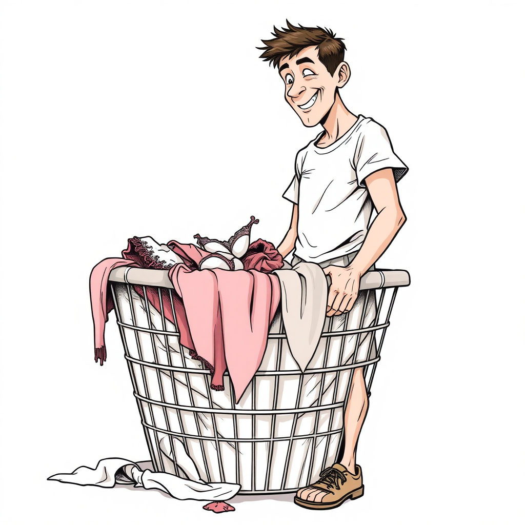 nervous short 20 year old european skinny man, short white t-shirt, standing, stunned, mesmerized, joyful, heavy drooling, fumbling through a dirty laundry basket full of sexy woman stained lingerie, detailed fabric, side view, shoes, detailed feet, 2D, caricature, cartoon, Sketch lines, coloring book, coloring book,