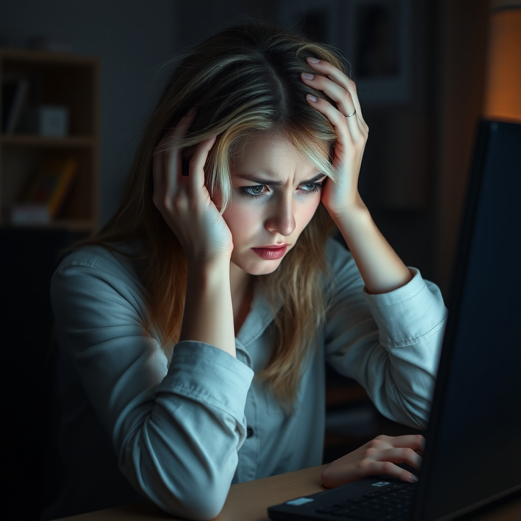 Create a detailed photo realistic scene of a desperate young nice blonde girl sitting in front of a computer. Her posture should reflect frustration, with her hands either on her face or gripping her head. Her surroundings are a typical home or office workspace, with dim lighting adding to the tense and stressful mood. The computer screen could show error messages, glitches, or something causing her distress. The woman’s expression should be a mix of anxiety, exhaustion, and despair, with subtle attention to facial details like furrowed brows or clenched jaws.