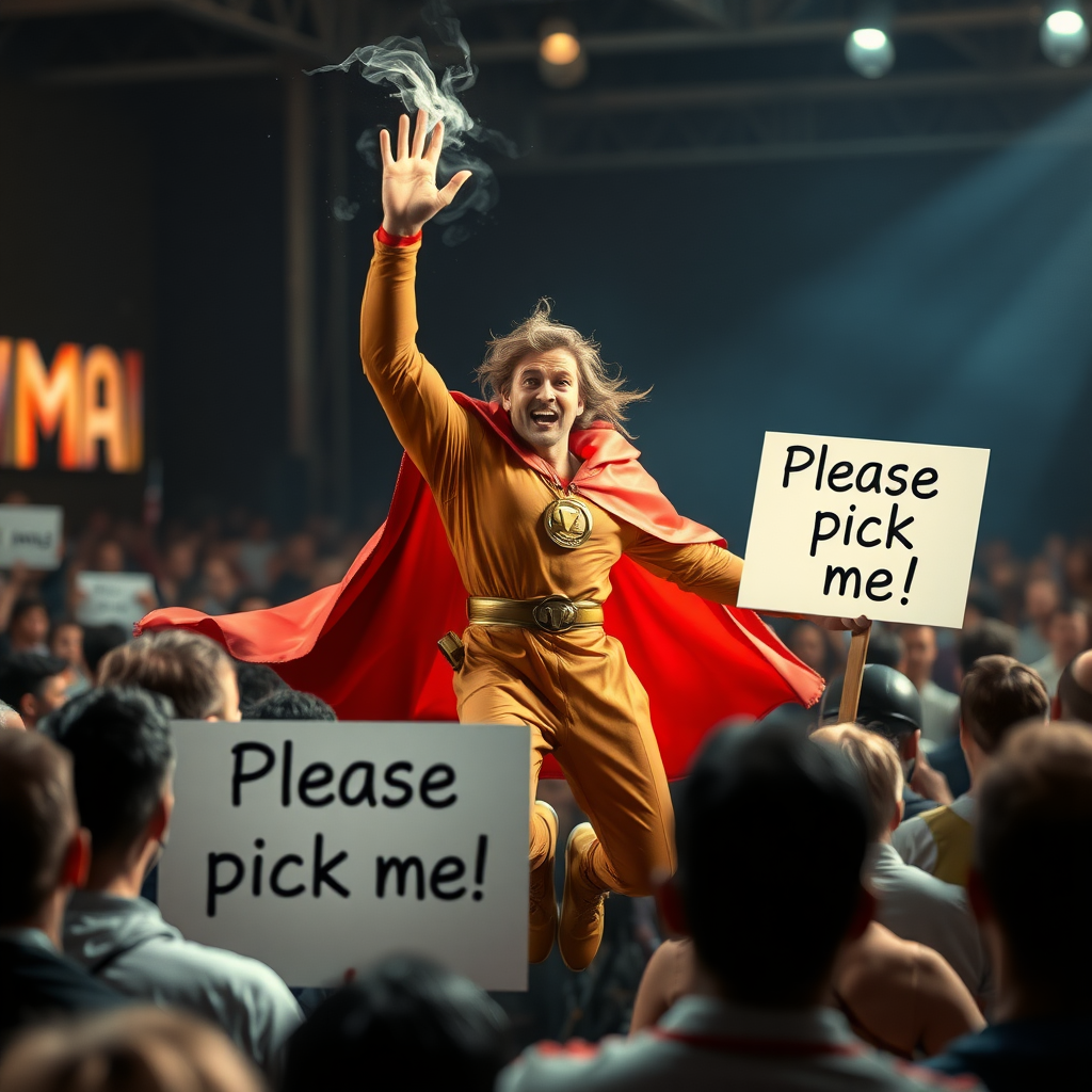 An ethereal mystic superhero eagerly jumps out of a crowd raising and waving his hand. His other hand holds a sign that reads "Please pick me!"