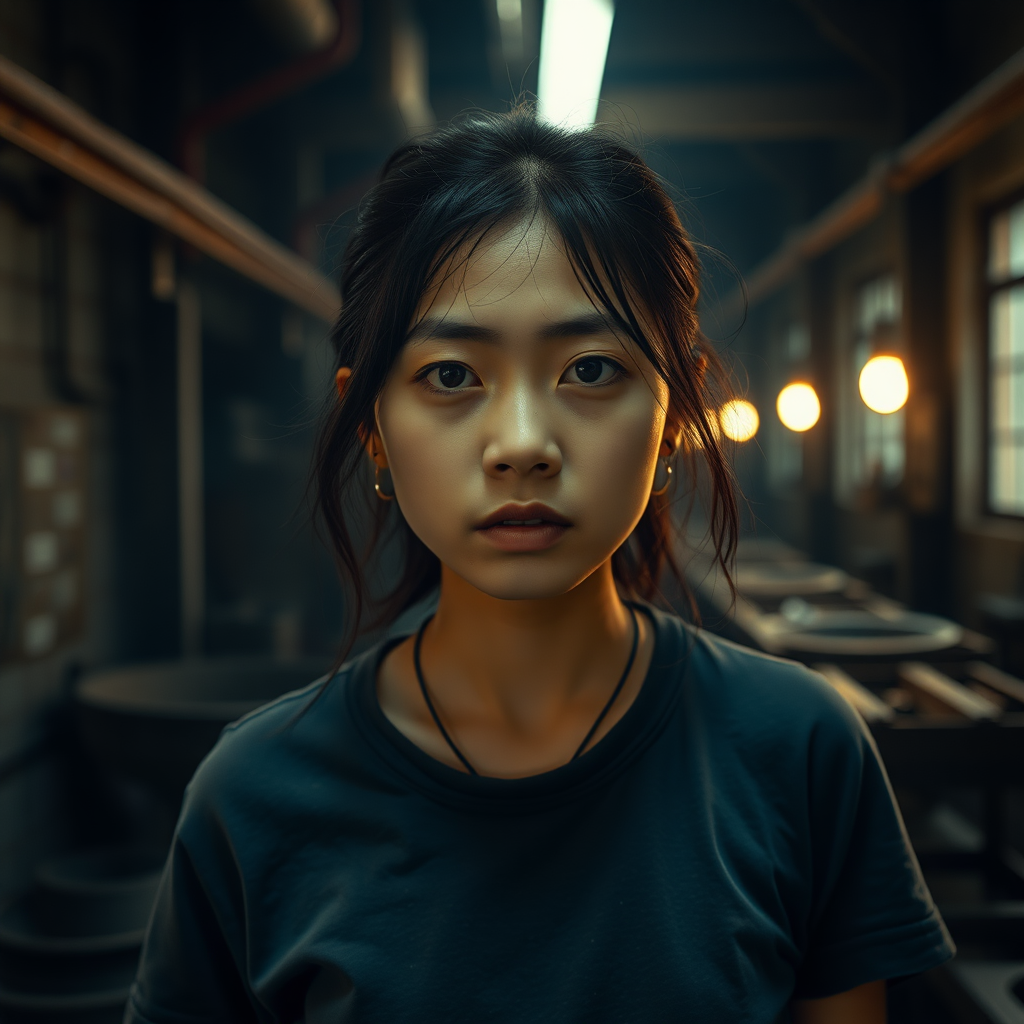 A very sad and hungry young Asian woman with a T-shirt in a very dark, old, and mysterious factory.