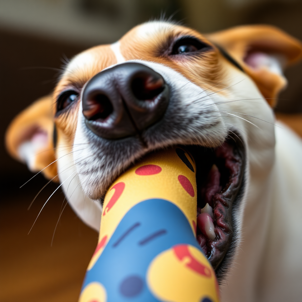 Dog bites toy, close-up shot, head, showing the jaw.